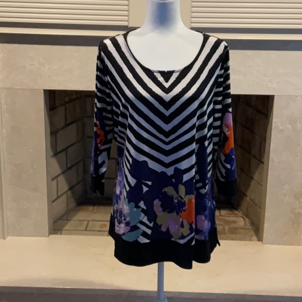 Chic Black and White Striped Floral Blouse